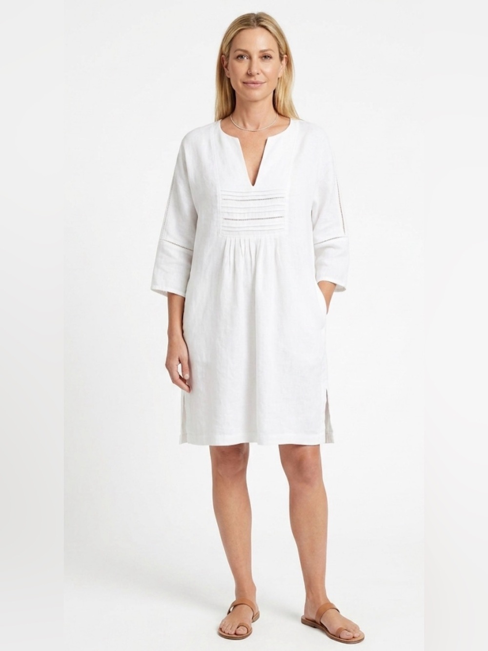 Donna Karan Black Label White 100% Linen Pintuck V-Neck Tunic Dress - L